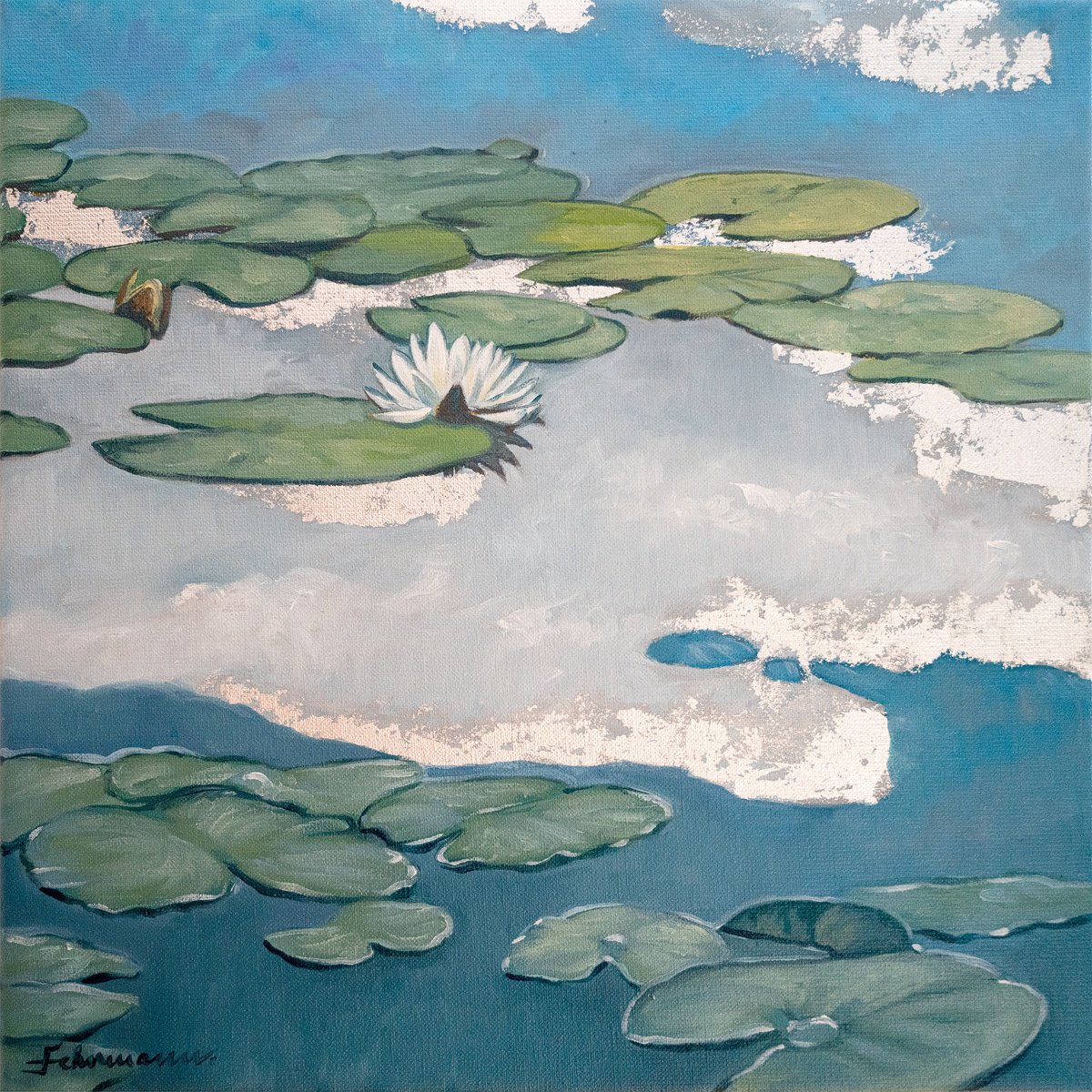 WATER LILIES, NO. 2 | ORIGINAL OIL SILVER LEAF PAINTING CANVAS by Uwe Fehrmann