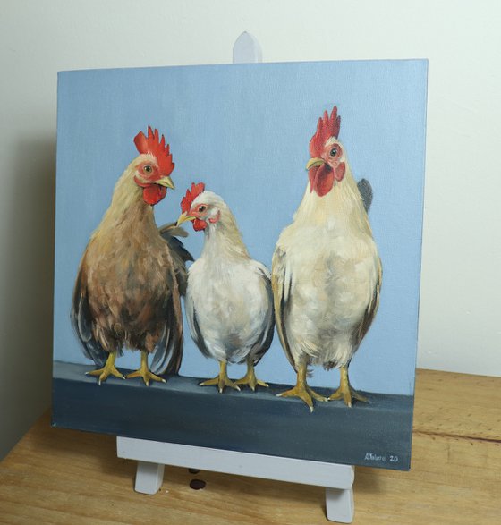 Chickens in a Row, Chicken Painting, Animal Artwork, Nature Wall Decor Framed and Ready to Hang Oil Painting by Alex Jabore Active