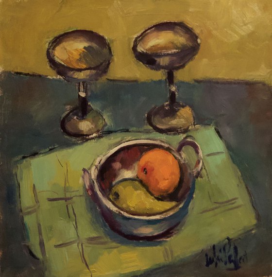 Silver Cups and Fruit on Green Cloth