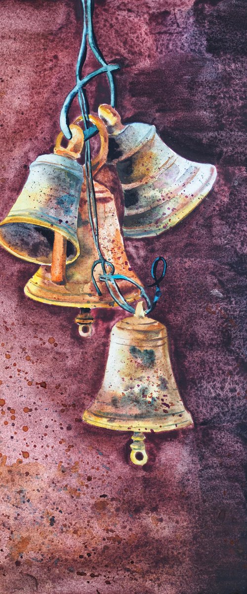 Temple bells - original watercolor artwork by Delnara El