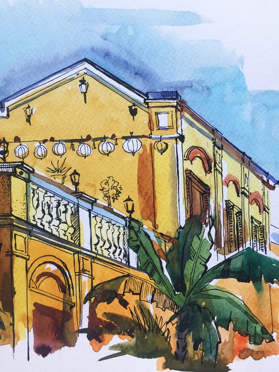 Hoi An. A city in Vietnam. Watercolor cityscape.