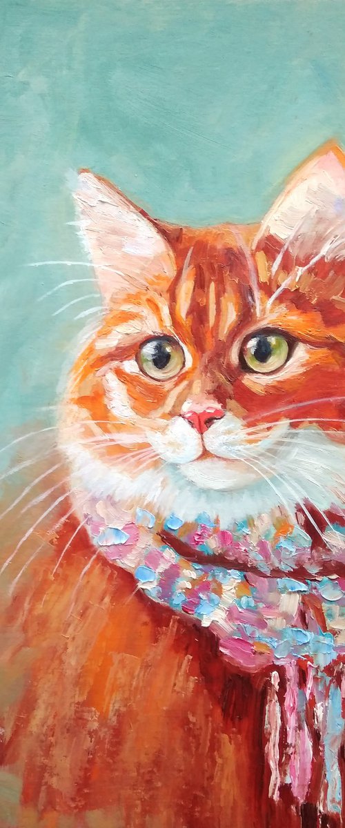 Ginger Cat Oil Painting Original Wall Art Red Cat Portrait by Yulia Berseneva