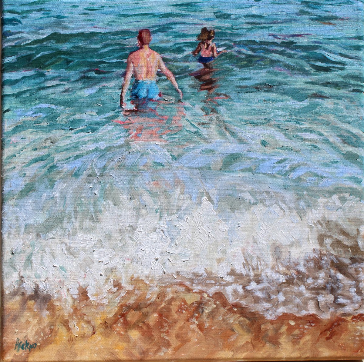 Impressionistic Portrait Oil Painting By Afekwo, 12 X 12, To The Beach Iii, Original Artwork