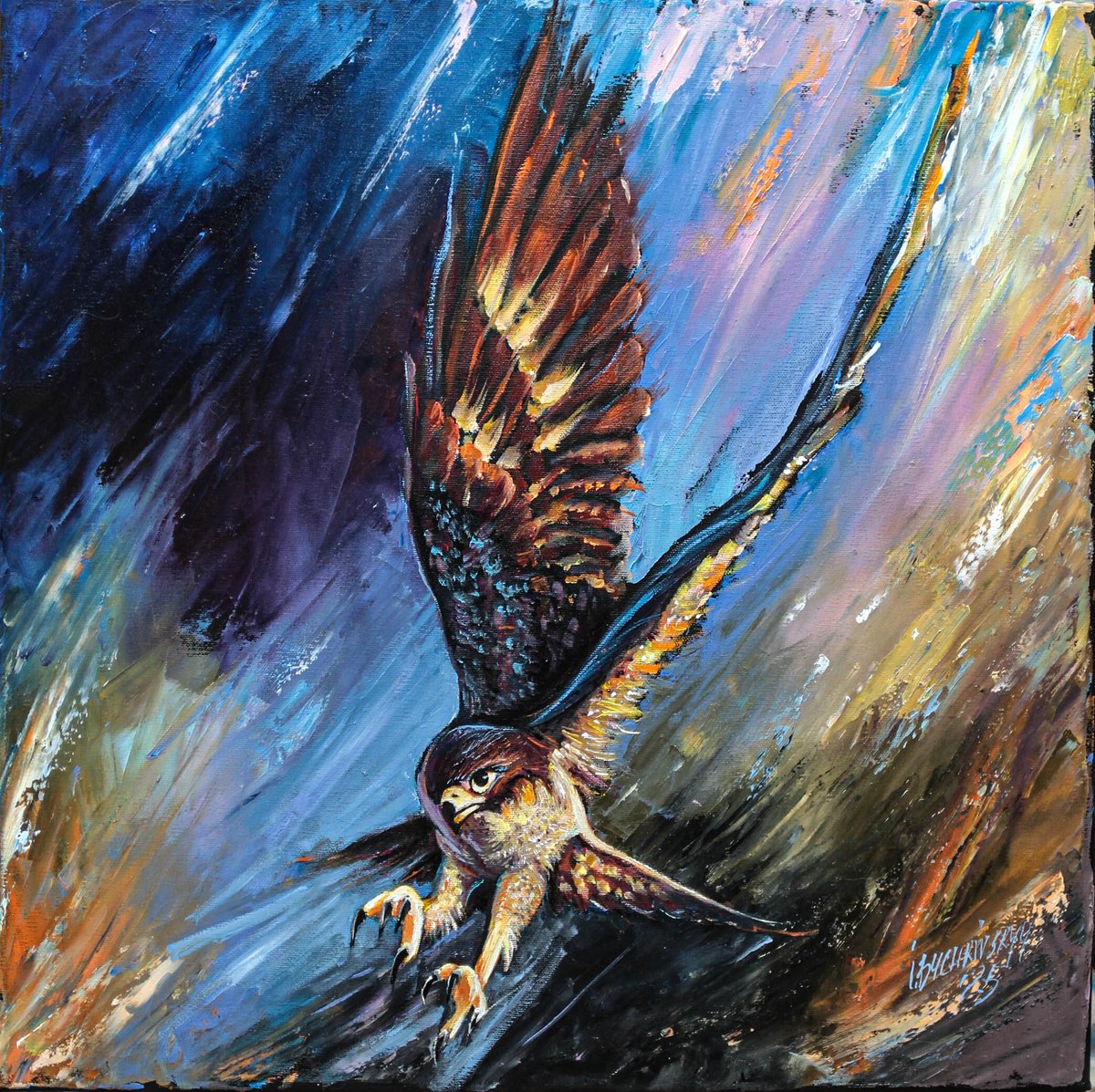 Expressive Animal Oil Painting By Ihor Bychkivskyy, 20 X 20, Falcon, Original Artwork
