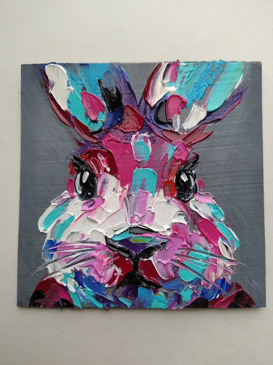 Pink rabbit - oil painting, bunny, rabbit oil painting, small painting, postcard size, animals, animal oil painting