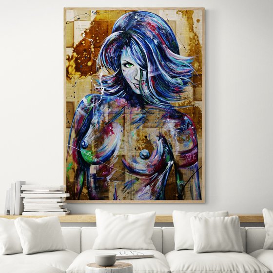 Lime Vixen 140cm x 100cm Sexy Nude Book Page Abstract Realism Art