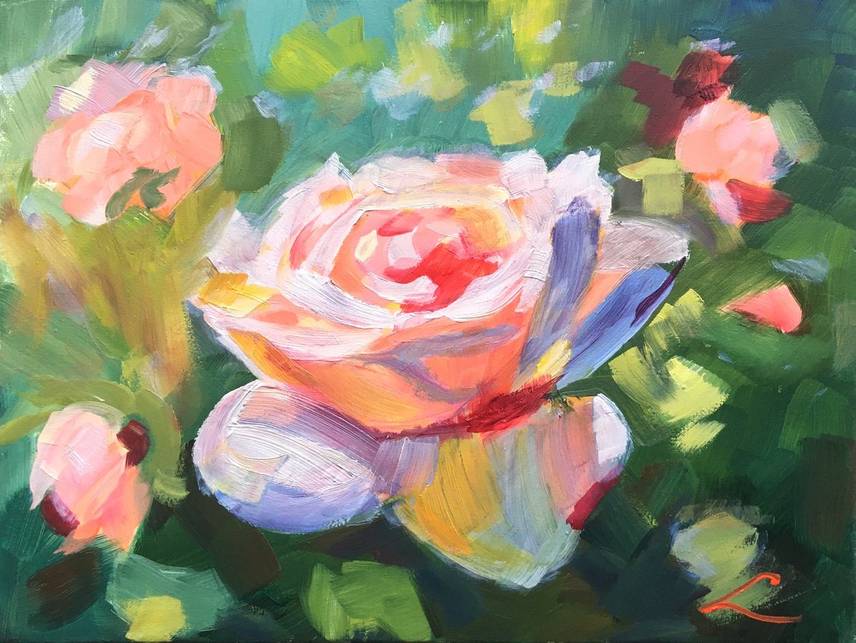Impressionistic Botanical Oil Painting By Elena Sokolova, 16 X 12, Pink Rose, Original Artwork