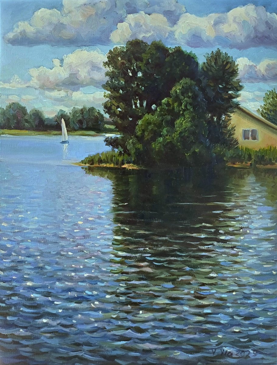 Impressionistic Landscape Oil Painting By Valentinas Yla, 12 X 16", Near The Lake, Original Artwork