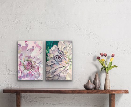 Set of 2 Purple chrysanthemum and Peony Painting Flowers Original Art Oil Painting