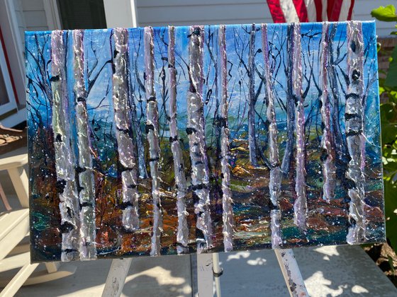 Winter landscape with  Birch Trees -   Impasto Original Painting  (palette knife)