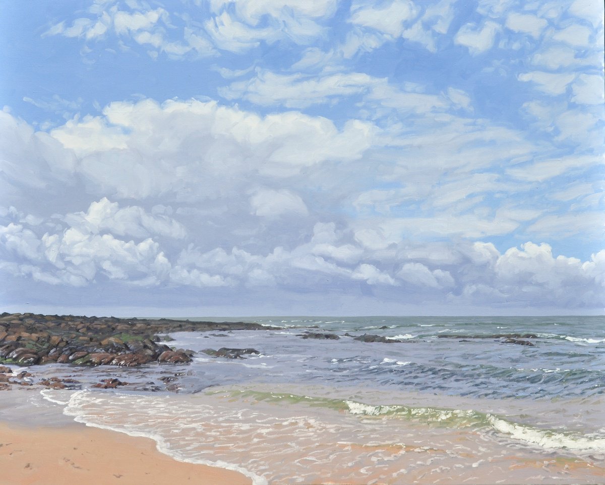 Impressionistic Landscape Oil Painting By Anne Baudequin, 64 X 51, Clouds Above The Beach, Batz-Sur-Mer, Original Artwork