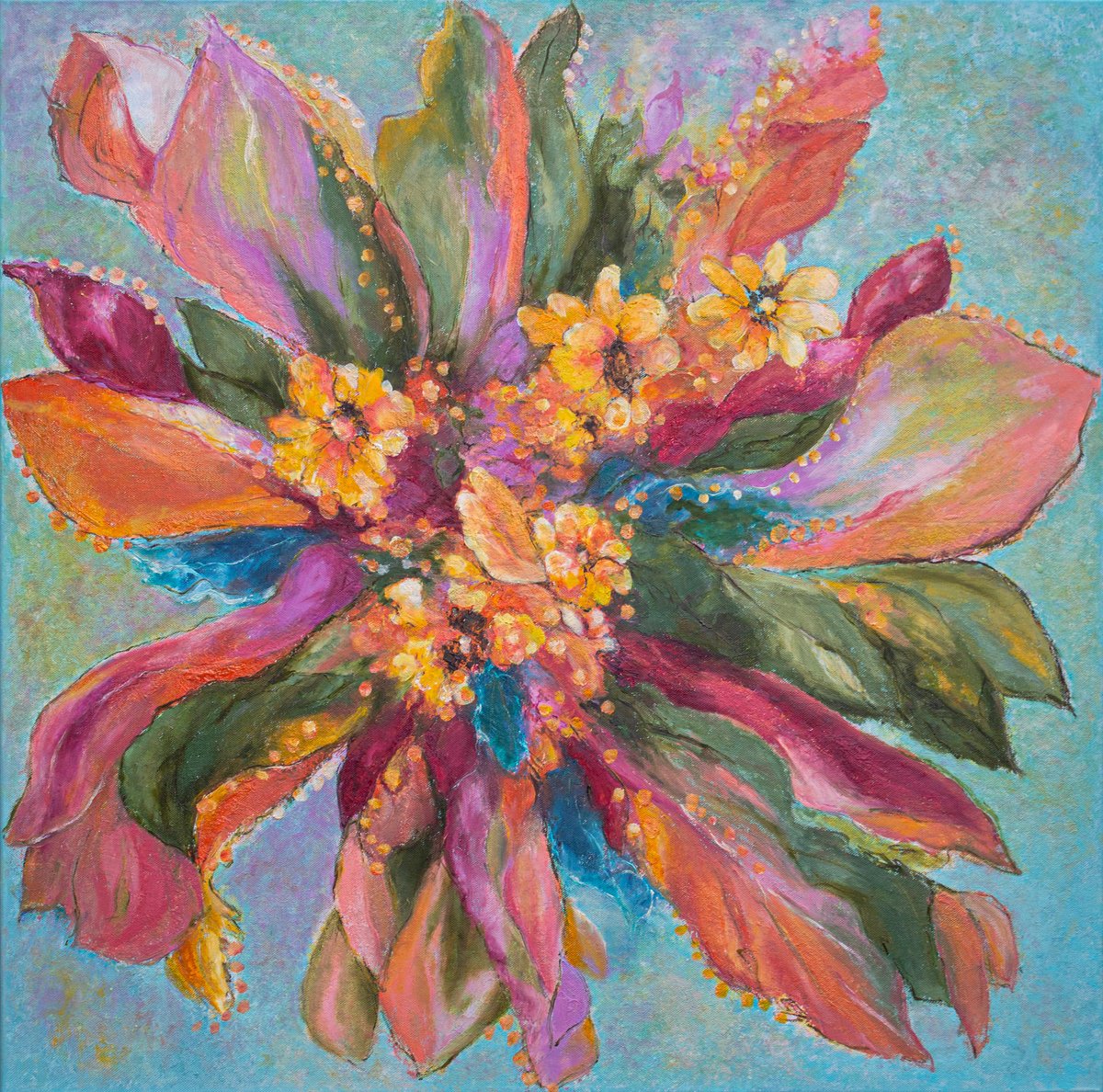 Organic Botanical Oil Painting By Mila Moroko, 32 X 32", Xl Size Abstract Emotional Painting Joyful Mood, Original Artwork