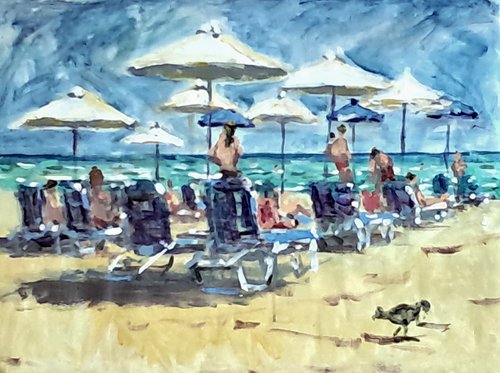 Beach bums and lonely bird by Dimitris Voyiazoglou