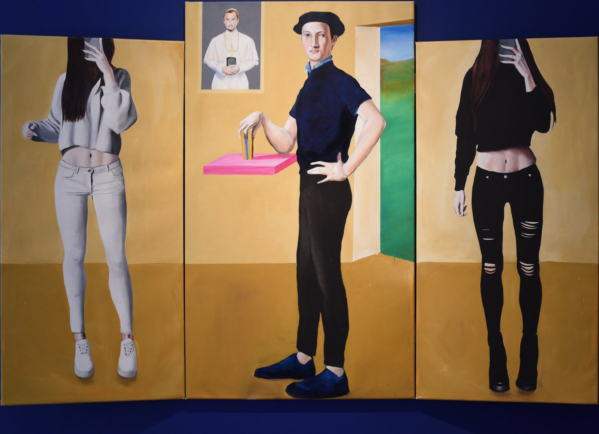 Urban And Pop Portrait Oil Painting By Kujbus Janos, 91 X 35", Selfie, Original Artwork