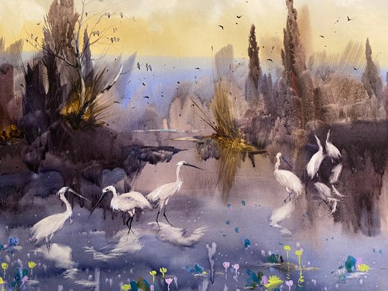 Watercolor Sold “Evening on the lake.White birds” perfect gift