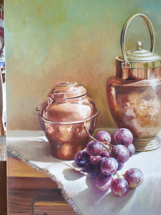 "Still life with grapes and an old exquisite  copper-brass utensil." still life grapes old brass jug summer  liGHt original painting  GIFT (2021)