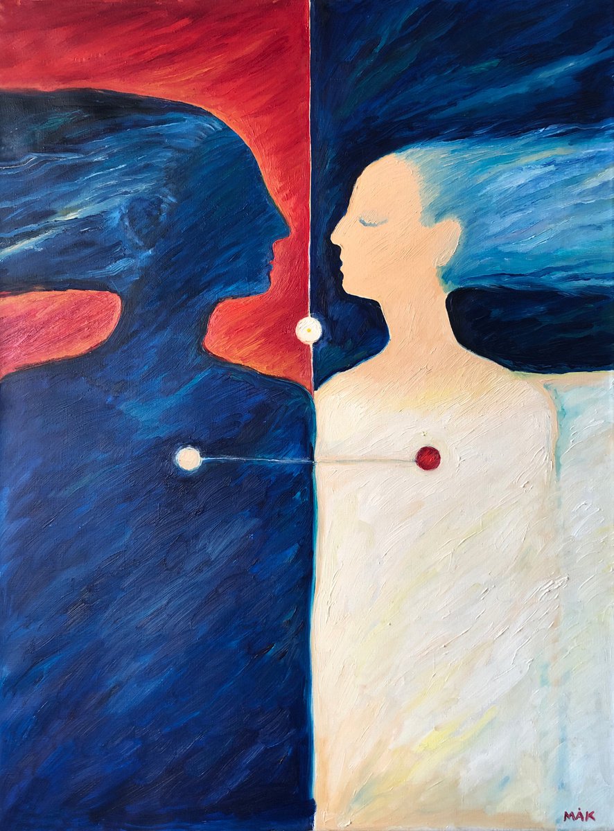 TWO. ONE - red and blue art with a man and a woman relations harmony connection gift idea... by Irene Makarova
