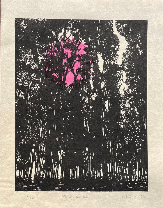 Through the Trees Linocut Print with chine collee