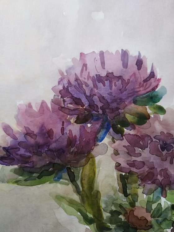 Asters in vase. Original watercolour painting.