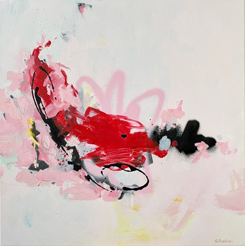 SMOOTH OPERATOR - 60 X 60 CM * ABSTRACT PAINTING ON CANVAS * RED *PINK * WHITE by Jani Vallentimi
