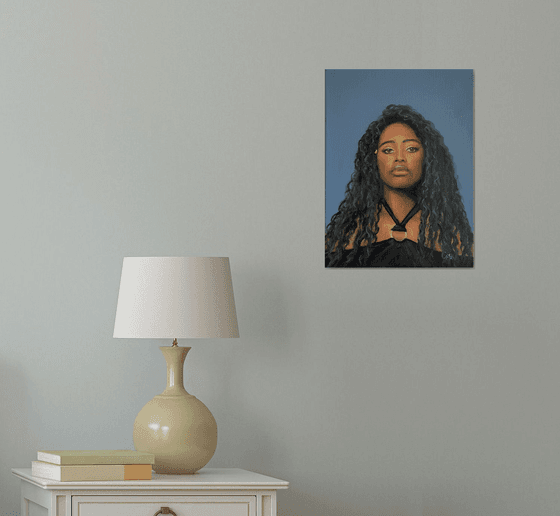 Modern young black woman oil portrait.