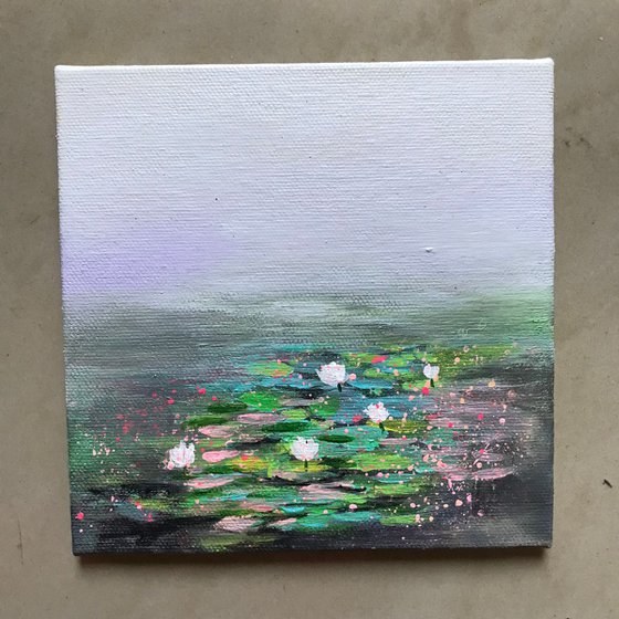 Water Lilies Pond in Morning Mist !! Abstract !! Small Painting !! Lily Pond !! Monet inspired