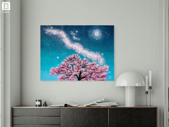 Pink sakura blossoms at night