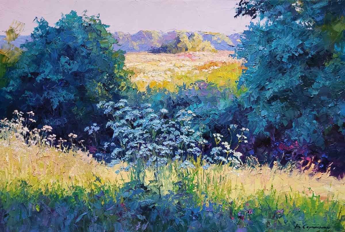 Impressionistic Landscape Oil Painting By Boris Serdyuk, 35 X 24, Meadow Flowers, Original Artwork