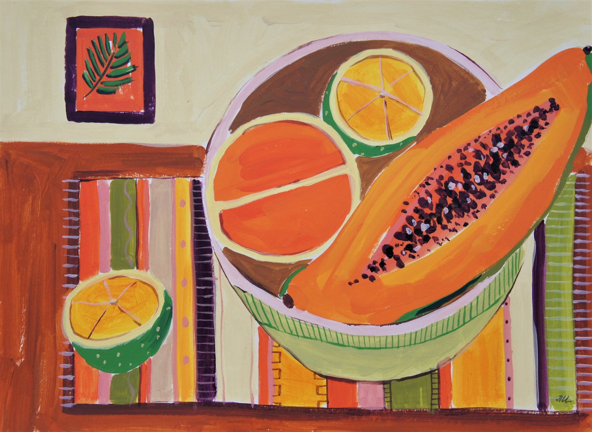 Impressionistic Still Life Acrylic Painting By Irina Plaksina, 16 X 12, Papaya, Original Artwork