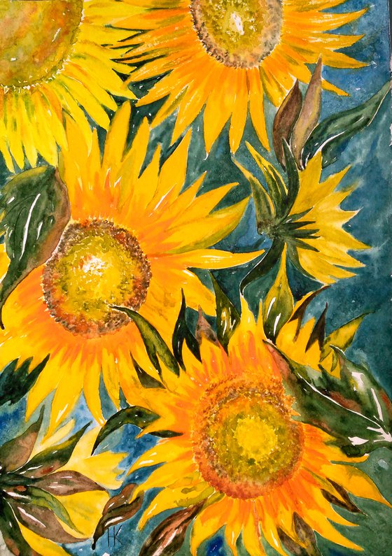 Sunflowers Painting Floral Original Art Flowers Small Watercolor Artwork Home Wall Art 12 by 17" by Halyna Kirichenko