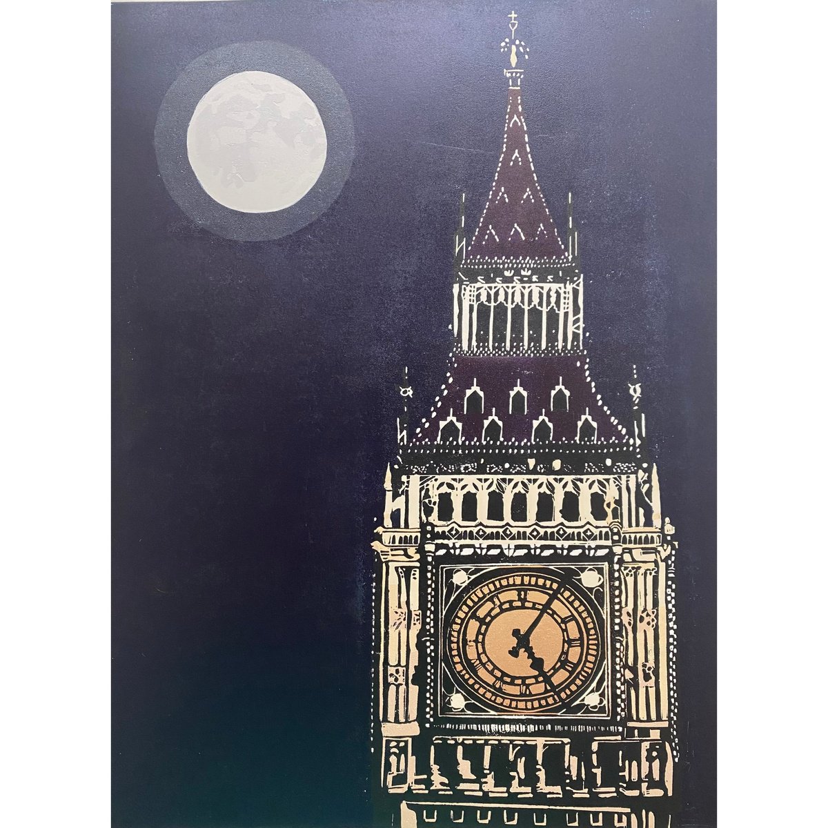 Impressionistic Landscape Linocut By Joanne Spencer, 12 X 15, Big Ben, Original Artwork