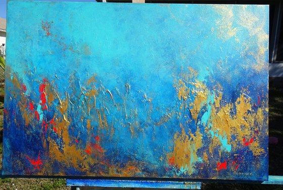Large Abstract Landscape Original Painting on Canvas. Blue & Gold Abstraction. Modern Textured Art 2021