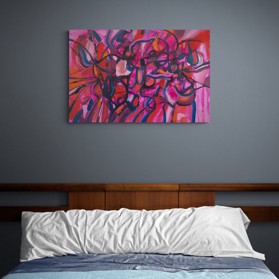 FULL ON- a large scale xxl dynamic red pink expressive abstract painting