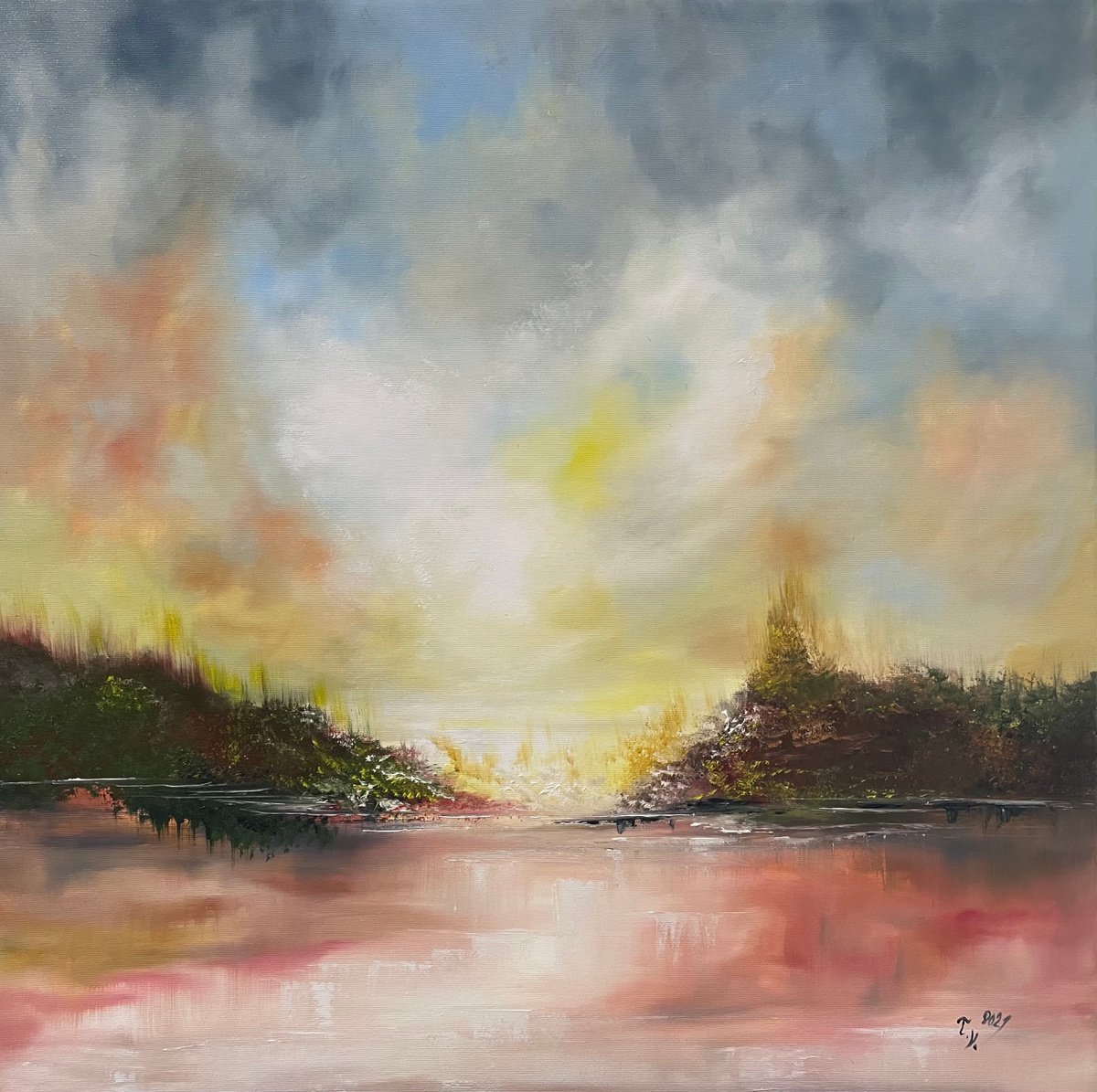 Impressionistic Landscape Oil Painting By Timea Valsami, 26 X 26", Golden Forest, Original Artwork