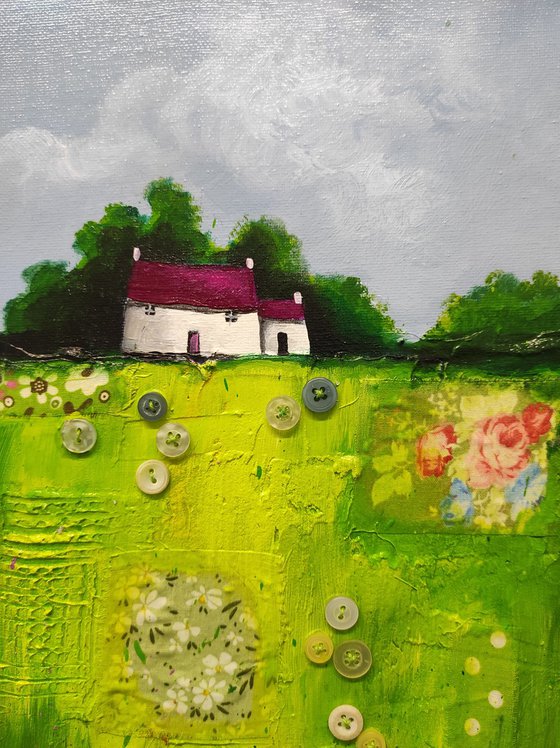 Little houses on green patchwork Field Textured Landscape