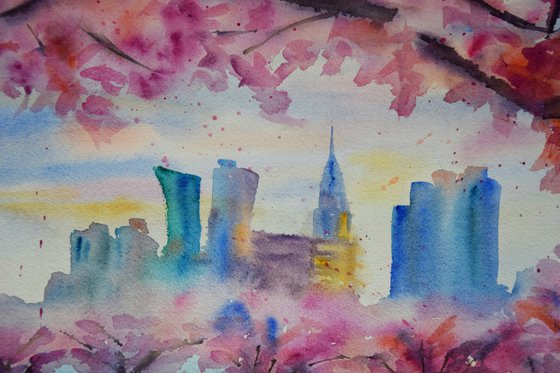 New York painting, Sakura flowers original watercolor painting, spring Manhattan