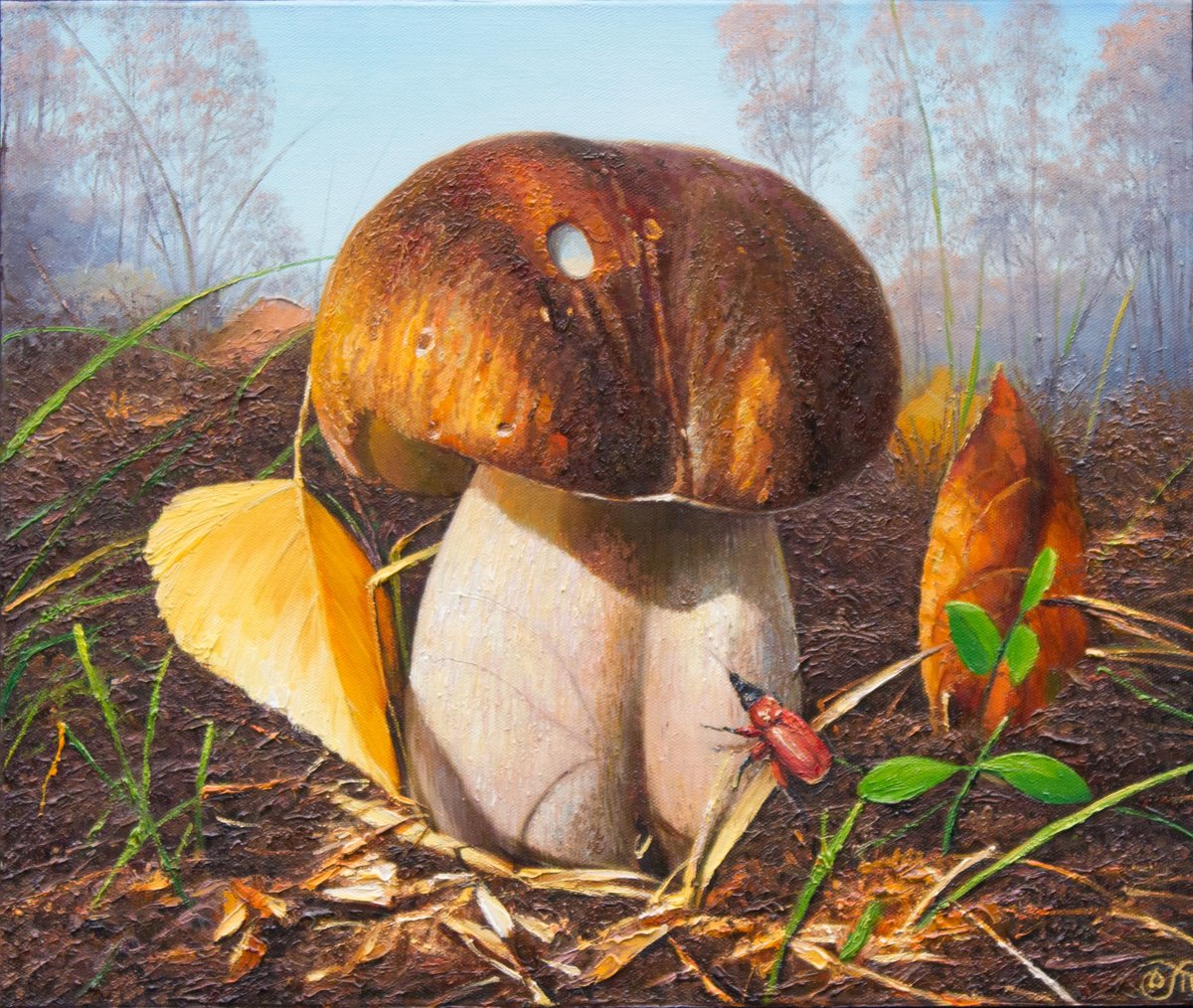 Photorealistic Landscape Oil Painting By Dmitrij Tikhov, 24 X 20, White Mushroom, Original Artwork