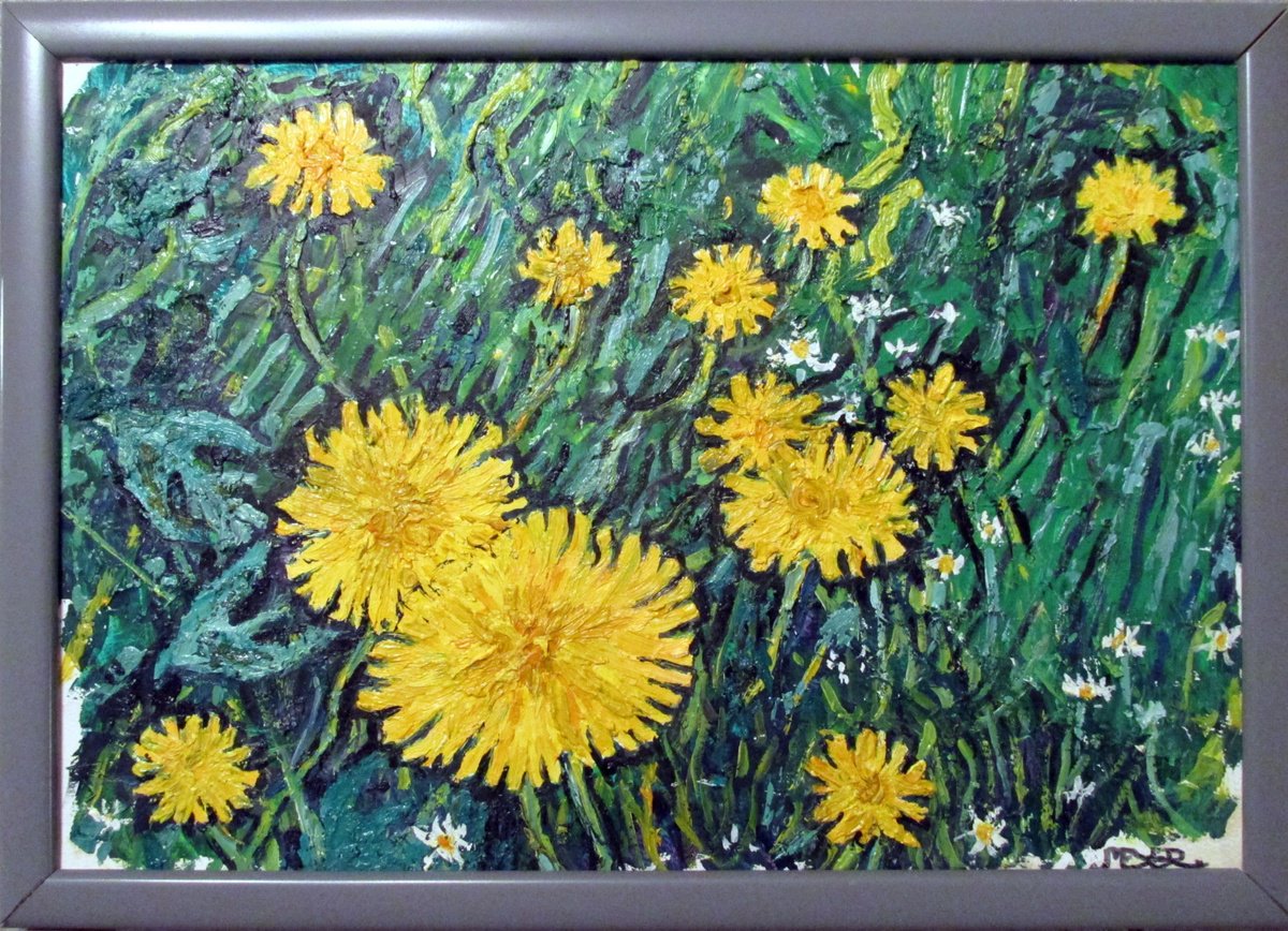 Impressionistic Botanical Oil Painting By Richard Meyer, 17 X 12", Dandelions With Daisies, Original Artwork