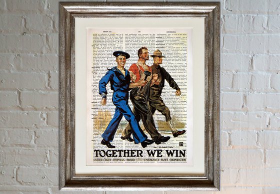 Together We Win - Collage Art Print on Large Real English Dictionary Vintage Book Page