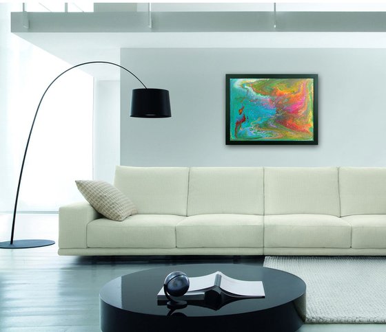 "Waterworld, Coming Soon" - FREE USA SHIPPING - Original Abstract PMS Fluid Acrylic Painting, Framed - 26 x 20 inches