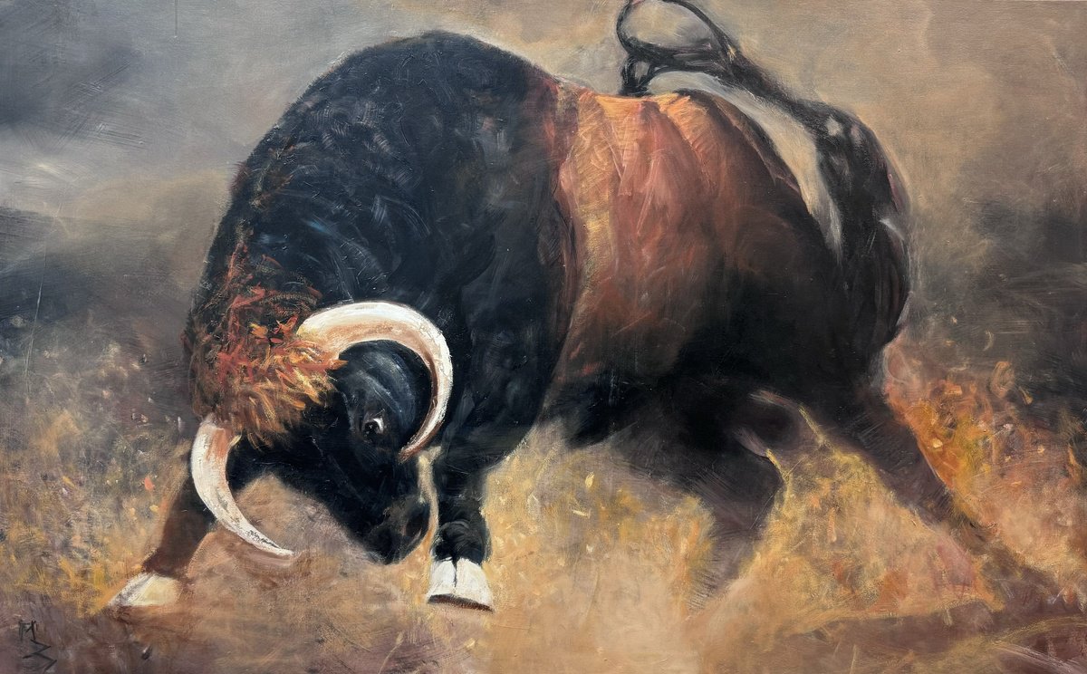 Expressive Animal Oil Painting By Milan Baltic, 63 X 39", The Dance Of The Bull, Original Artwork