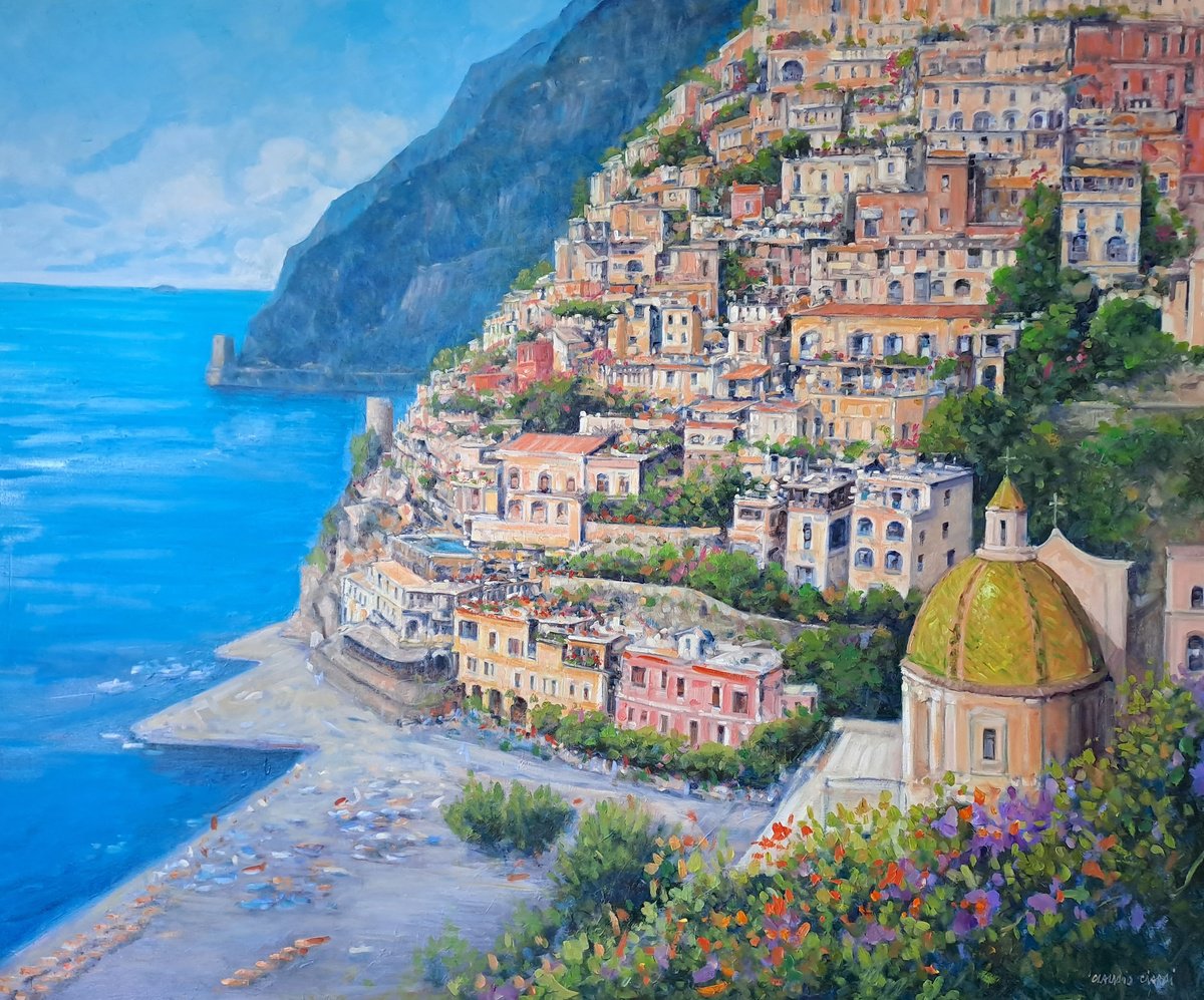 Impressionistic Cityscapes Oil Painting By Claudio Ciardi, 47 X 39, Positano, Original Artwork