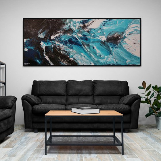 Sorrento Teal 200cm x 80cm Teal Black White Textured Abstract Art