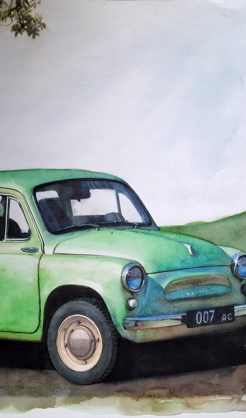 60s of the last century (Girl with Green Bag and Retro Green Car) by REME Jr.