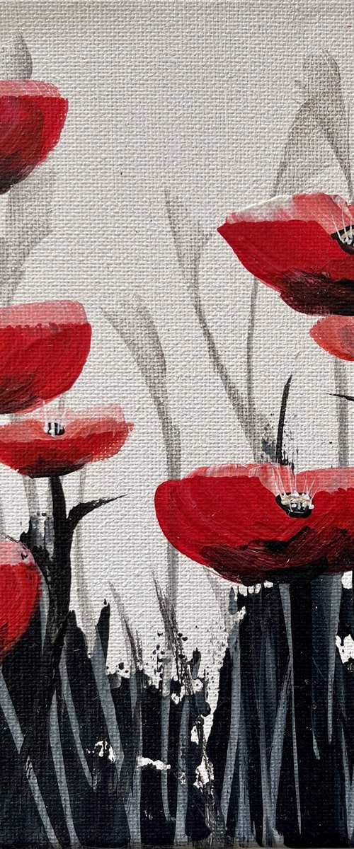 Abstract Red Poppies against a White Sky by Marja Brown