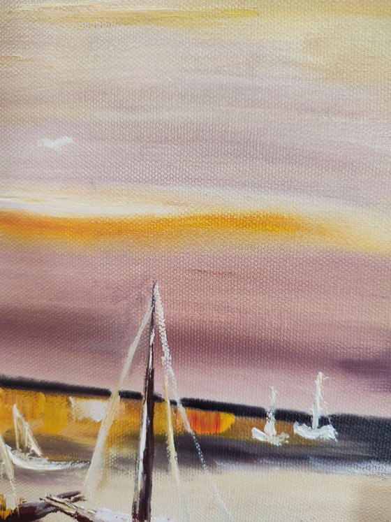 Boats at the sunset, original impressionistic oil painting, gift idea