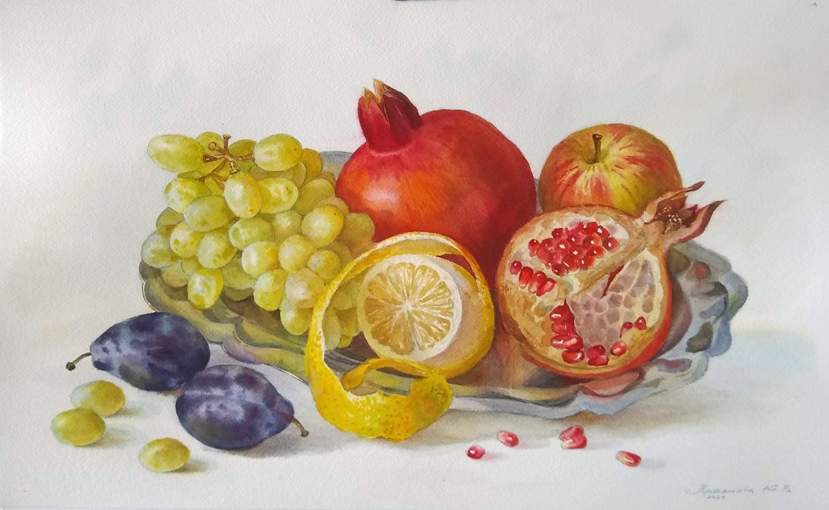 Photorealistic Still Life Watercolour By Yulia Krasnov, 20 X 12", Fruits Of August, Original Artwork