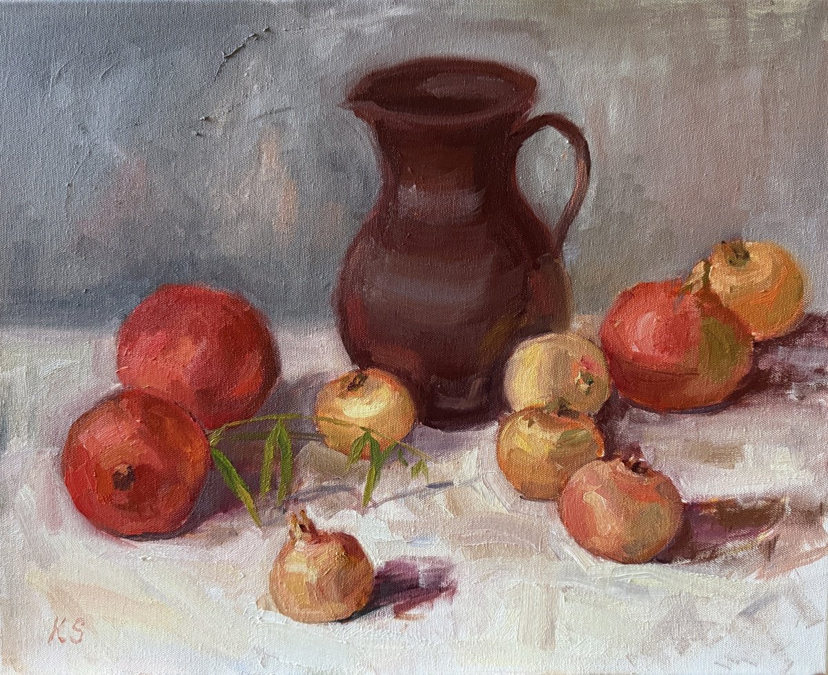 Impressionistic Still Life Oil Painting By Kate Sosonna, 20 X 16", Pomegranates, Original Artwork