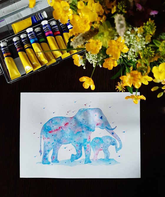 Family of elephants, watercolor animals