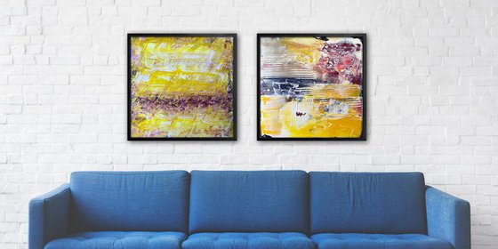 "What Are You, Yellow?" - Save As A Series - Original PMS Abstract Diptych Acrylic Paintings On Reclaimed Wood - 52" x 26"